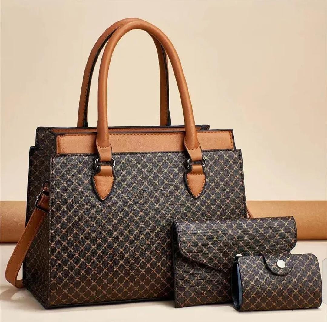 Lattice Print 3-Piece Handbag Set – Espresso & Tan