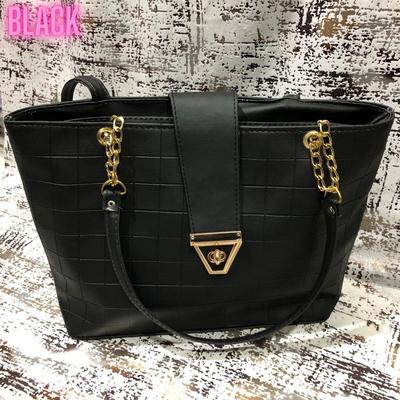 Black Textured Tote, Gold Hardware