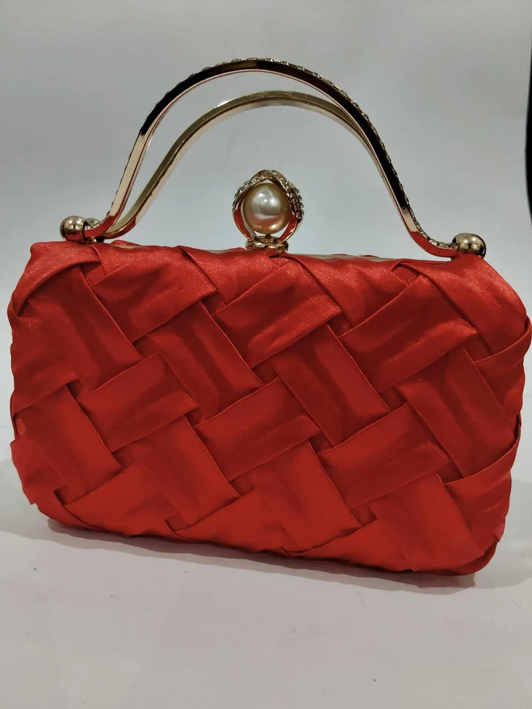 Red Woven Clutch, Pearl Clasp