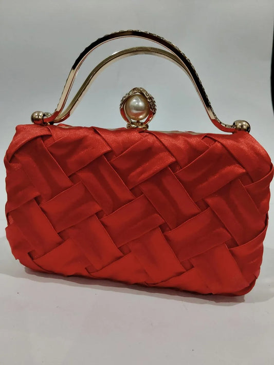 Red Woven Clutch, Pearl Clasp