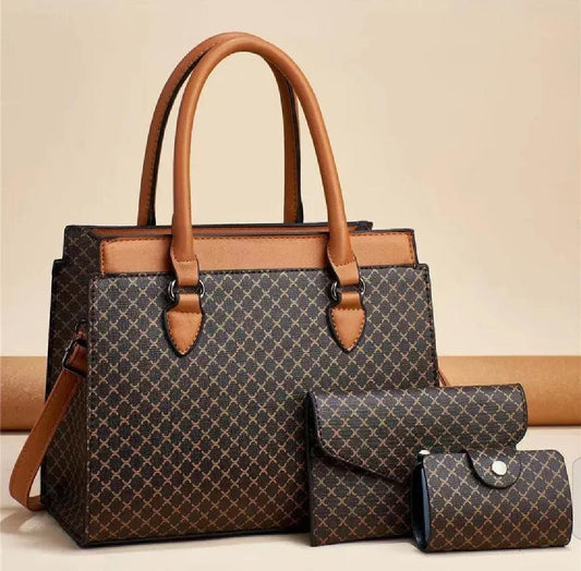 Lattice Print 3-Piece Handbag Set – Espresso & Tan