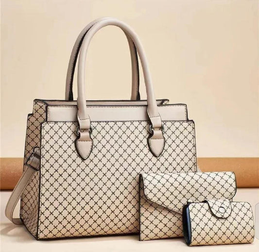 Lattice Print 3-Piece Handbag Set – All Beige