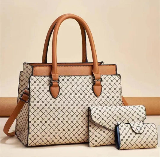 Lattice Print 3-Piece Handbag Set – Cream & Tan