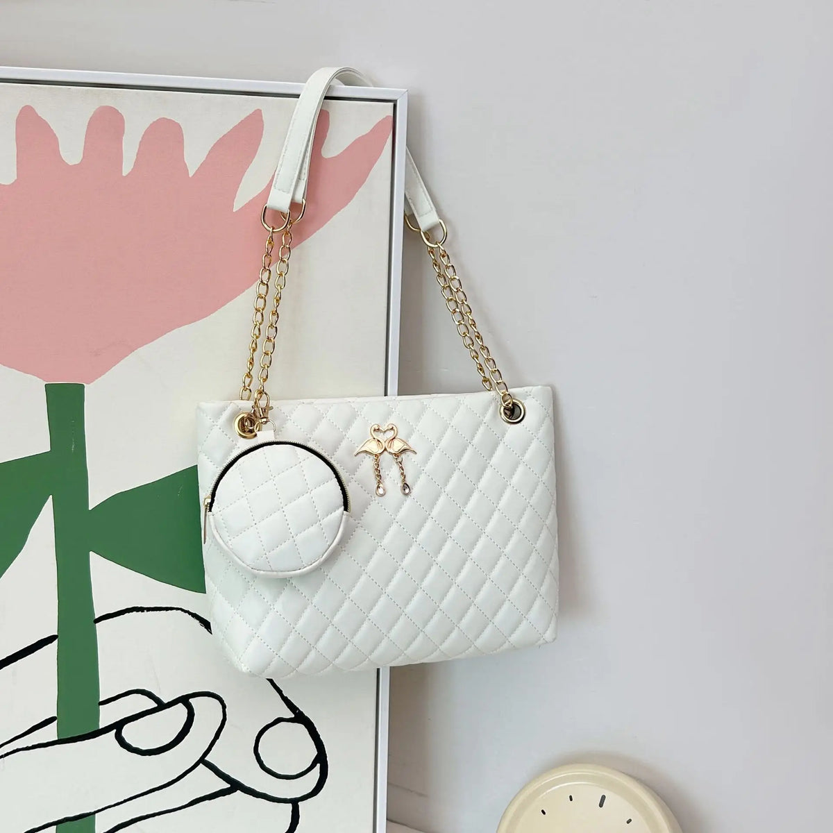 White Quilted Shoulder Bag, Chain Strap